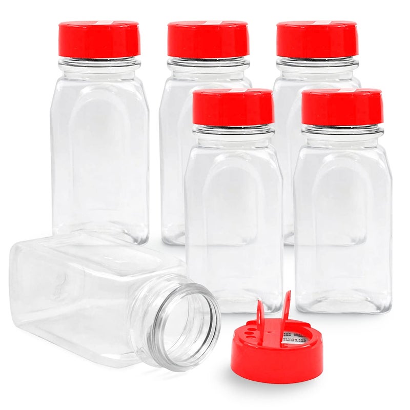 RoyalHouse 6 Pack 9.5 Oz Plastic Spice Jars with Red Cap, Clear and Safe Plastic Bottle Containers with Shaker Lids for Storing Spice, Herbs and Seasoning Powders, BPA Free, Made in USA - Image 1